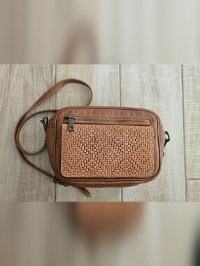 Valentina Fiore Brown Genuine Leather Handbag Woven Texture Shoulder Bag Italy